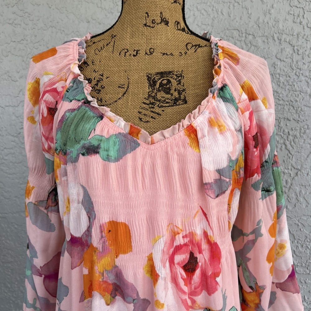 Spense 12 Petite Dress Floral Print Sheer Sleeves Lined Watercolor Pastel Pink - Picture 8 of 9